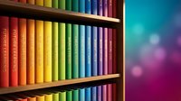 Organized bookshelf displaying rainbow-colored book spines arranged by hue gradient, with blurred colorful bokeh background, suitable for education, library, and design projects.
