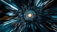 Futuristic time portal with glowing blue light streaks radiating from central bright point against dark background creates dramatic speed tunnel effect.