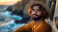 Young bearded Caucasian man in straw hat and yellow sweater smiling while leaning out of car window at sunset, ocean cliffs and waves in background, warm golden light.