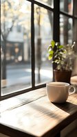 White coffee cup on wooden windowsill with morning sunlight streaming through window panes, creating cozy atmosphere. Green plant in background adds natural element.