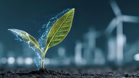 Green plant seedling with water splash effect against blurred wind turbines background, symbolizing renewable energy and environmental conservation.