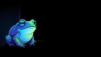 Cute cartoon frog character with blue and green colors sitting on dark background with stars. Digital art mascot design for games and animation projects.