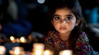 Young girl with dark hair in floral dress gazing thoughtfully at glowing candlelight, creating atmospheric mood in low-light setting. Soft bokeh background adds dreamy effect.