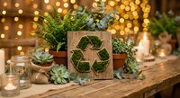 Wooden recycling symbol with succulent plants and warm bokeh lights creating eco-friendly sustainable living concept for environmental awareness campaigns.