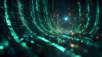 Abstract digital tunnel with glowing green matrix code and light particles creating futuristic cyber space environment. Dynamic technology background for digital concepts.