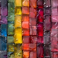 Colorful abstract background with rows of glossy cubes in rainbow spectrum from blue to pink, featuring wet reflective surfaces and textured edges.