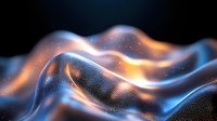 Glowing abstract wave pattern with orange and blue light effects on dark background, featuring dynamic particle flow and smooth curved lines.