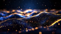 Glowing digital wave with golden and blue particles flowing in dark space, abstract network visualization with bokeh light effects and sparkles.