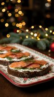 Festive smoked salmon appetizers on dark bread with cream cheese and dill garnish served on holiday plate with Christmas tree bokeh lights background.