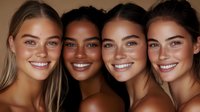 Diverse group of young women with natural makeup and radiant smiles showcasing beauty, inclusivity and friendship in warm lighting against dark background.