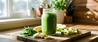 Fresh green smoothie in glass jar with spinach leaves and celery on wooden cutting board in bright kitchen setting for healthy lifestyle and nutrition.