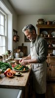 Smiling middle-aged Caucasian man in linen apron preparing fresh kale salad with citrus fruits in a rustic farmhouse kitchen.
