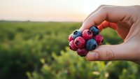 Fresh mixed berries held in cupped hands with blurred agricultural field background during golden hour sunset light for healthy eating and organic farming.