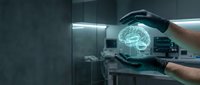 Hands protecting glowing brain hologram in modern laboratory representing artificial intelligence, neuroscience research and cognitive technology innovation.