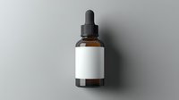 Brown glass dropper bottle with blank white label on gray background, mockup for essential oils, cosmetics, or medical products. Clean minimal design for branding.