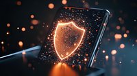 Glowing orange shield icon on smartphone screen with sparkles and bokeh effects against dark background, symbolizing digital security and protection.
