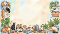 Cozy home scene with cats, plants, books, and household items arranged on isolated watercolor background, perfect for home decor, pet lovers, and interior design projects.