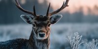 Majestic deer stag with antlers in winter frost landscape at dawn. Wildlife portrait with soft morning light and frozen vegetation creating serene natural scene.