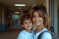 Happy mother and son embracing in modern hospital corridor, healthcare family bonding moment with warm lighting and medical facility background.