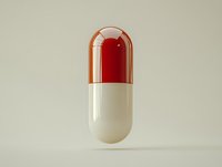 Red and white medical capsule pill floating on neutral background, minimalist pharmaceutical concept for healthcare and medicine advertising.