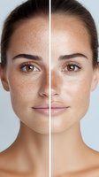 Split face portrait showing natural freckled skin compared to smooth complexion, demonstrating skincare transformation and beauty treatment results.