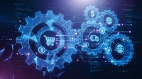 Glowing digital gears with e-commerce icons including cart, delivery truck, and globe on dark blue tech background.