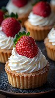 Fresh strawberry cupcakes topped with swirled whipped cream frosting and ripe red berries on dark plate, macro food photography with selective focus.