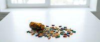 Colorful pharmaceutical pills and capsules spilling from amber medicine bottle onto white surface, representing medication, healthcare, and pharmaceutical industry concepts.
