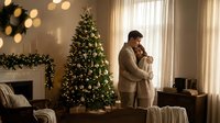 Young couple embracing in cozy Christmas living room with decorated tree and warm bokeh lights creating romantic holiday atmosphere at home.