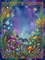 Enchanted forest scene with glowing mushrooms, magical plants, and starry night sky framed by ornate gold border, suitable for fantasy artwork, book illustrations, and mystical designs.