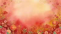 Festive gradient background with red, pink and gold tones featuring ornamental lanterns, peonies and decorative flourishes. Suitable for lunar new year, spring celebrations and holiday designs.