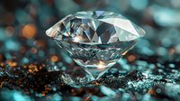 Brilliant cut diamond on dark surface with turquoise and golden bokeh lights background. Luxury jewelry concept with sparkle and reflection effects.