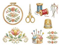 Vintage embroidery and sewing supplies collection with floral hoop, scissors, thread spools, thimble and decorative elements for crafting projects.