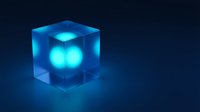 Glowing cyan spheres inside transparent cube on dark blue background, suitable for technology, science, and digital design projects.