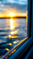 Sunset reflection through rain-splattered window creates magical bokeh effect on glass, with ocean waves and golden hour sky in background, viewed from inside.