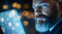 Bearded Caucasian businessman illuminated by blue digital screen light in dark environment with bokeh background, serious concentrated expression on face.