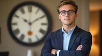 Young Caucasian businessman wearing glasses and navy suit stands confidently with arms crossed in office, vintage clock on wall behind, professional corporate portrait.
