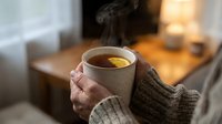Hands holding warm mug with hot beverage in cozy home interior. Comfort, relaxation and warmth concept for lifestyle and wellness design use.