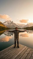 Middle-aged Caucasian man with arms outstretched on wooden dock at mountain lake during golden hour sunset with dramatic peaks and reflections.