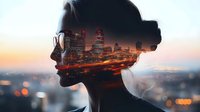 Young Asian woman silhouette with double exposure effect showing illuminated cityscape at sunset, urban lights and modern architecture blend in dreamy profile portrait.
