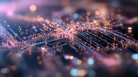 Glowing circuit board pattern with orange and blue bokeh lights creating futuristic technology network visualization. Abstract digital connectivity concept.