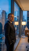 Middle-aged Caucasian male executive in dark business suit standing in modern high-rise office with floor-to-ceiling windows overlooking illuminated city skyline at dusk for corporate leadership and business concepts.