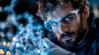 Young bearded male scientist in protective eyewear examining glowing particles in dark laboratory setting with dramatic blue lighting and bokeh effects.