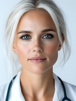 Close-up portrait of confident medical professional with platinum blonde hair and blue eyes wearing white coat and stethoscope against light background.