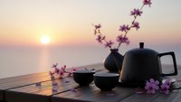 Traditional black ceramic tea set with cherry blossom branches on wooden table during golden sunset over calm ocean waters creating peaceful zen atmosphere.