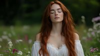 Young redhead woman with closed eyes in white off-shoulder dress standing peacefully in blooming flower garden during spring day for wellness and beauty concepts.
