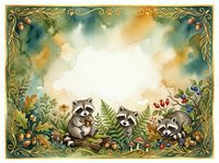 Three raccoons explore a lush woodland setting surrounded by ferns, flowers, and ornate golden foliage borders. Watercolor illustration with vintage botanical elements and warm, earthy tones. Suitable for children's books, nursery decor, and nature-themed designs.
