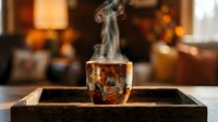 Steaming glass of cola with ice cubes on black tray, warm interior setting with blurred background lighting, beverage and refreshment concept for advertising and design use.