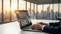 Professional businessman analyzing financial data on laptop computer in modern office with city skyline view during golden hour sunset.