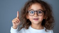 Cheerful mixed race girl with curly hair and round glasses pointing finger up against blue background. Concept of child education and discovery.